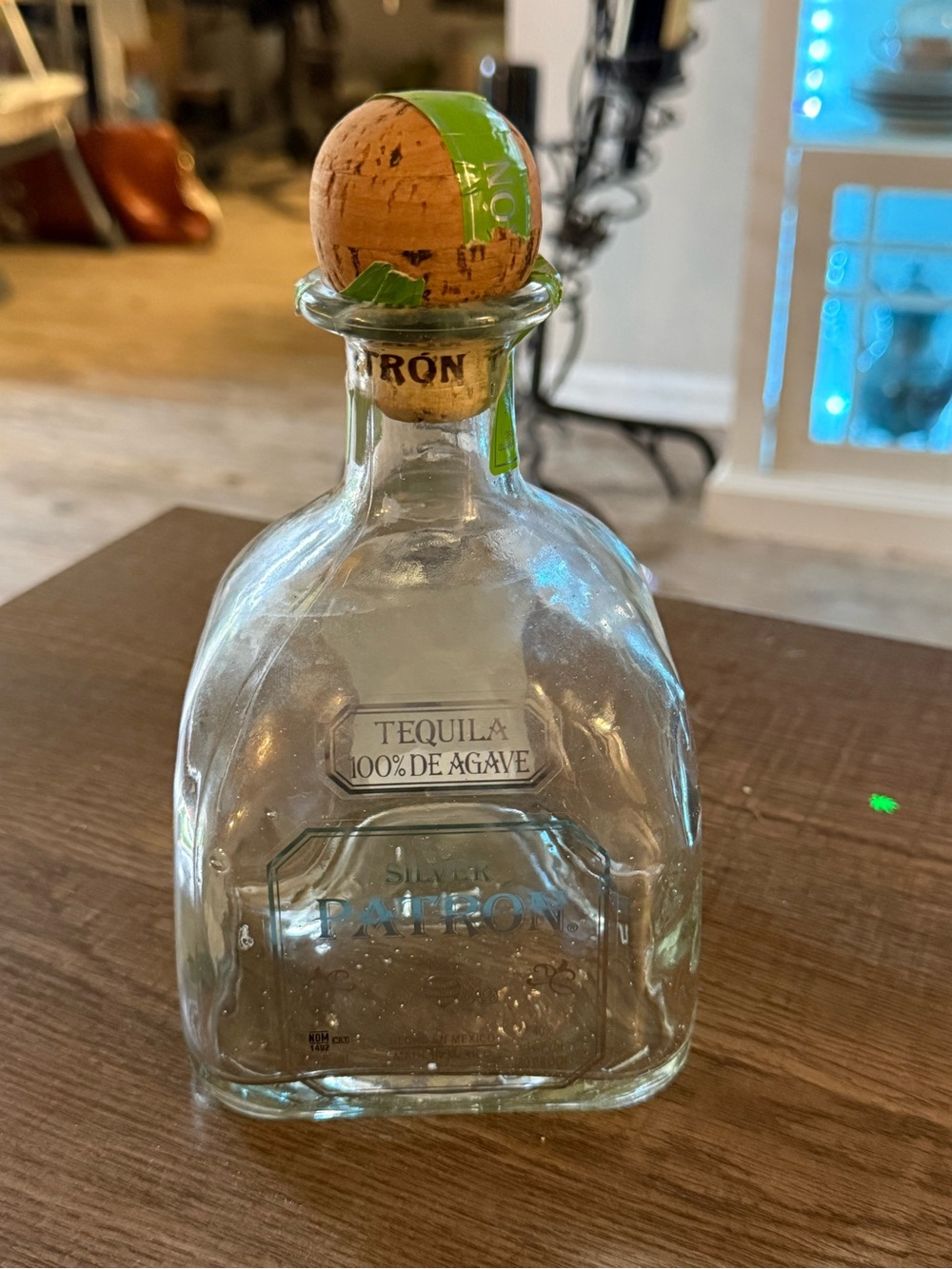 Silver Patron Tequila Decanter Bottle with Green Accent